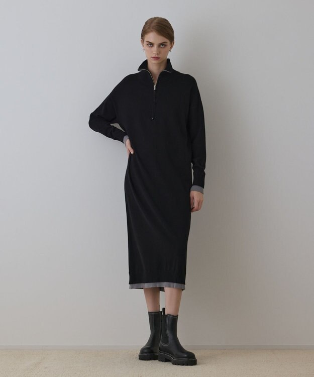GRACE CONTINENTAL バイカラーストレートニットワンピース ブラック