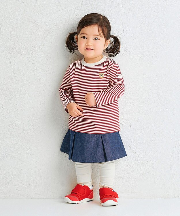 MIKI HOUSE HOT BISCUITS 【70-120cm】【Everyday Series】ワンポイント ボーダー長袖Tシャツ ワインレッド