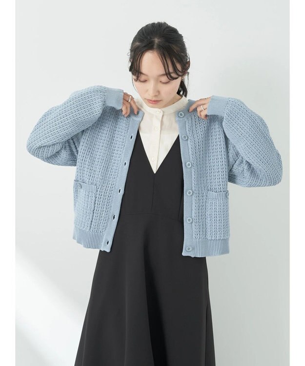 earth music&ecology 透かし柄ポケットカーディガン Sax