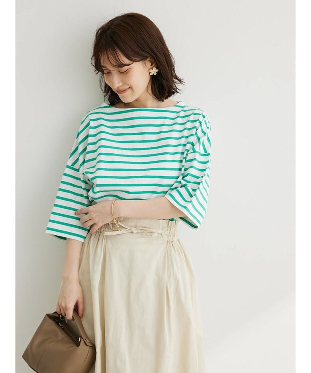 Green Parks ボーダーボートネック７分袖プルオーバー Green