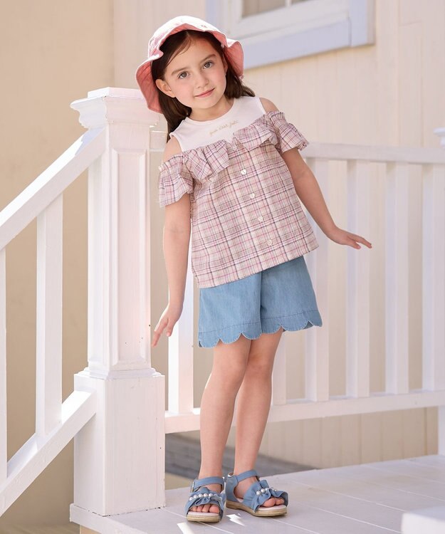 ANY KIDS オフショルダー フリル ブラウス ブラウン系チェック