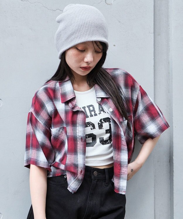 WEGO ショートチェックシャツ（S） レッド