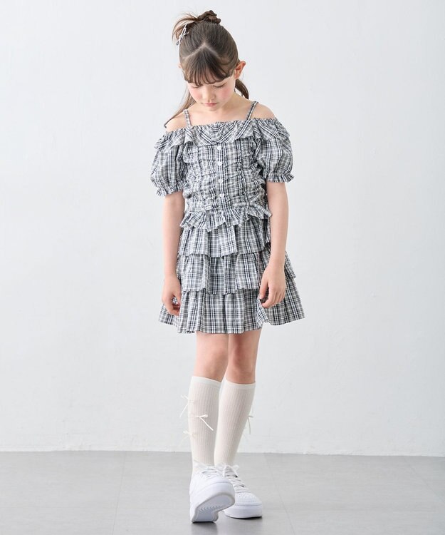 ANY KIDS 【洗濯機可能】ティアード チェックスカパン ブラック