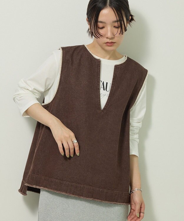 Green Parks フリンジ付きデニムベスト Brown