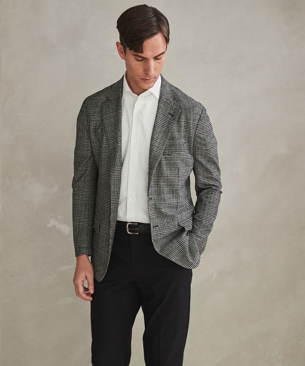 GOTAIRIKU 新柄【吸水速乾/ウォッシャブル】ノルマンディーリネン カーディガンジャケット＿グレンチェック柄 ブラック系4