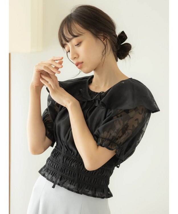 earth music&ecology 衿付きフラワーブラウス Black