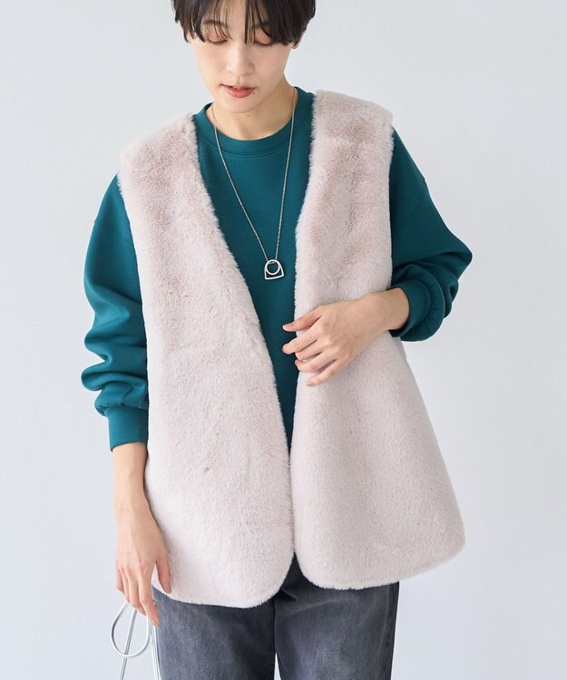 AMERICAN HOLIC 丈違いフェイクファーベスト Gray Beige
