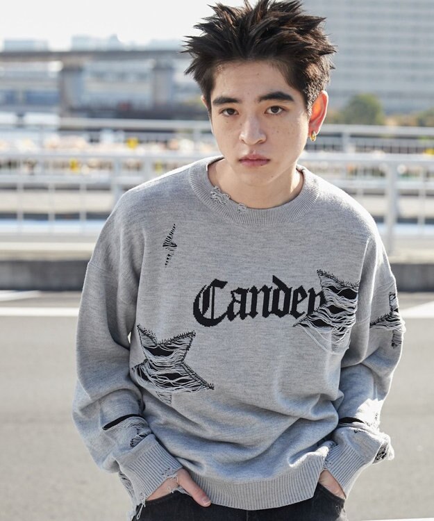 WEGO 【ユニセックス着用ITEM】ダメージジャガードニットプルオーバー グレー