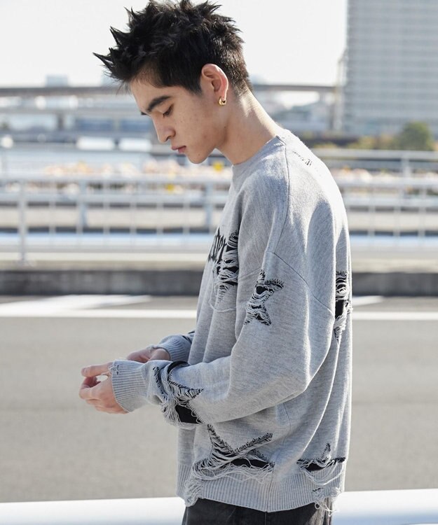 WEGO 【ユニセックス着用ITEM】ダメージジャガードニットプルオーバー グレー