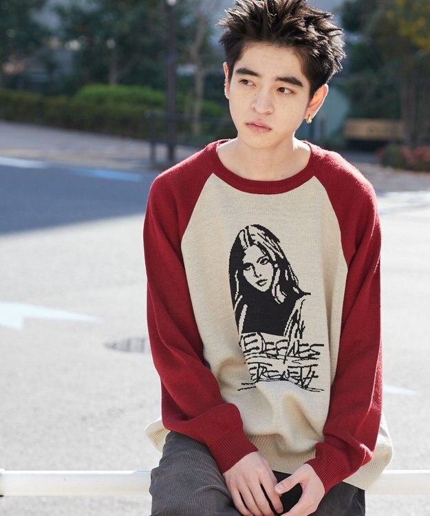 WEGO ラグランジャガードグラフィックプルオーバー ワイン