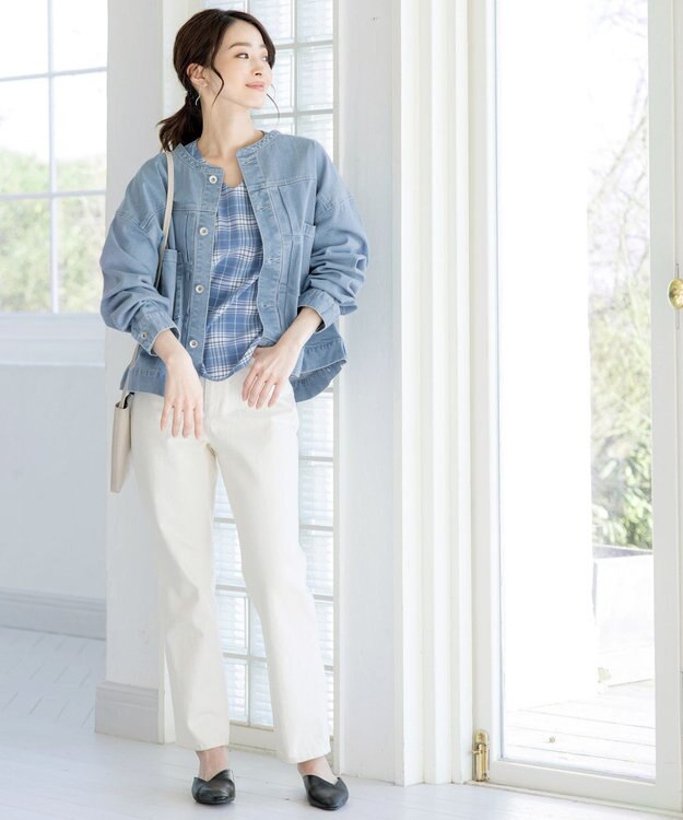 Tiaclasse L 【洗える】ゆったりシルエットの幅広カフスブラウス ブルーチェック