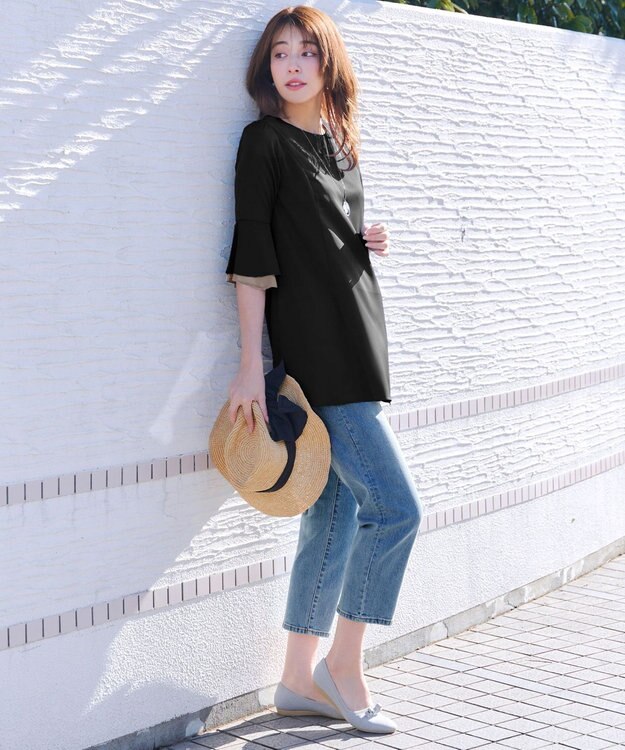 Tiaclasse 【新色追加】シフォンフレア袖チュニックブラウス ブラック