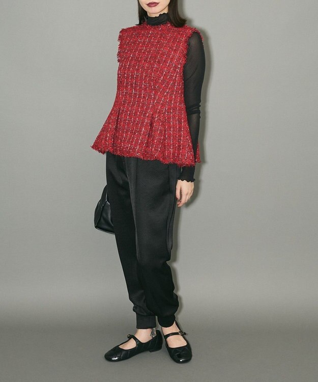 Green Parks ツイードペプラムベスト Red