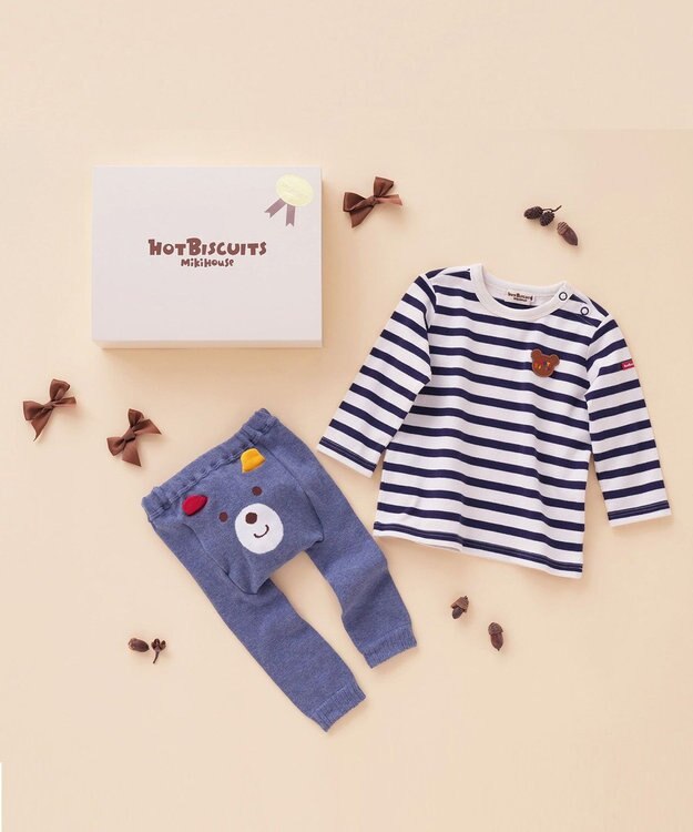 MIKI HOUSE HOT BISCUITS ボーダー柄長袖Tシャツ＆ベビースパッツギフトセット【BOX付き】 紺