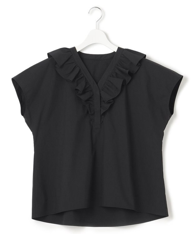 23区 L 【一部店舗限定/洗える】ハイカウントウェザーストレッチ フリル ブラウス ブラック系