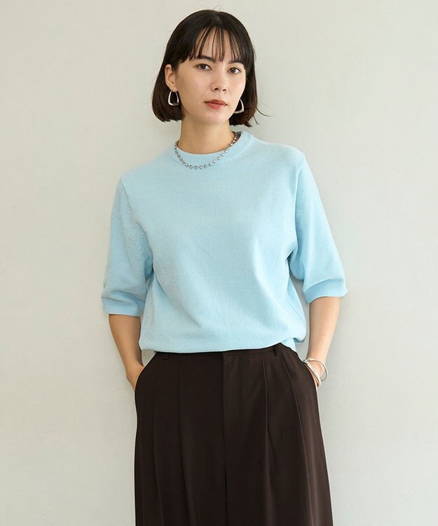 UNFILO L ベロアモール ハーフスリーブニット サックス