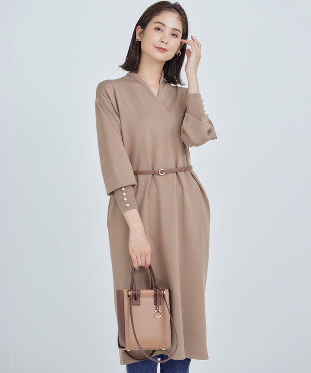 組曲 L 【WEB限定】Vネックニットワンピース キャメルベージュ系