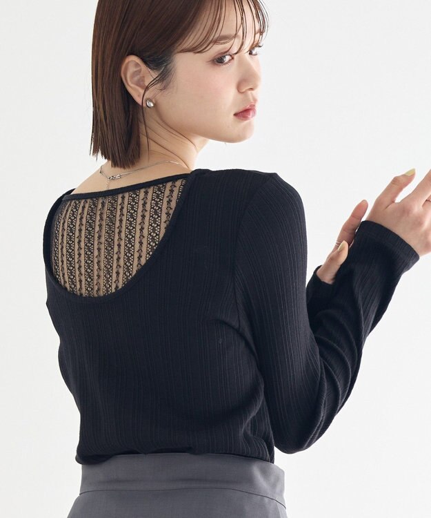 earth music&ecology ランダムチェーンリブバックレースプルオーバー Black