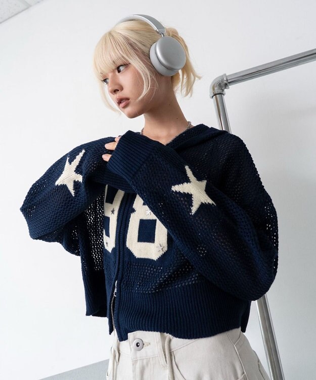 WEGO ナンバリングメッシュニットパーカー ネイビー
