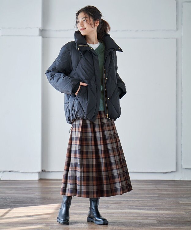 ANY L 【手洗い/ウエストゴム】チェック柄フリンジプリーツスカート グレー