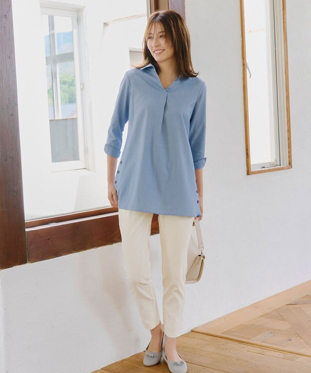 Tiaclasse 【洗える】サイドボタンシャツチュニックブラウス ブルー