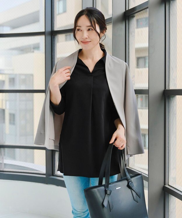 Tiaclasse 【洗える】サイドボタンシャツチュニックブラウス ブラック