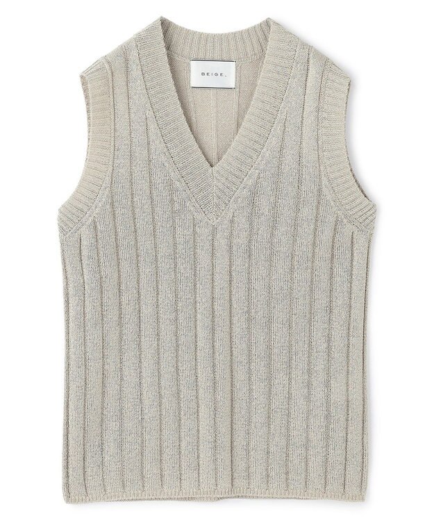 BEIGE， OPTICAL /  ペーパーヤーン Vネックリブニット Flax