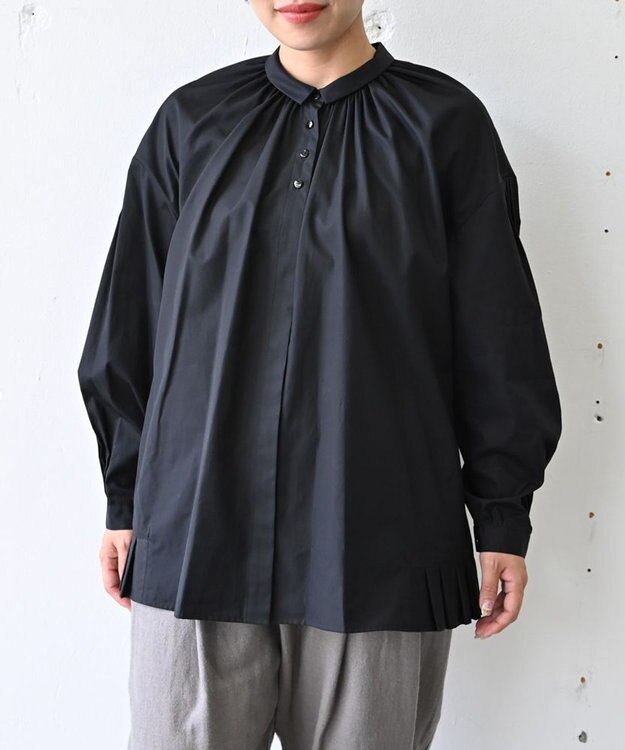 muuc 〈オーガニックコットン〉〈コットンブロード生地〉〈カラーにより異なる生地〉〈通年着られる〉コットン裾プリーツ ブラウス ブラック