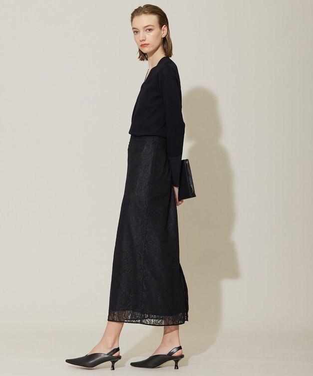 ICB 【洗える】ナイロンラッセルレース ナロースカート ブラック系