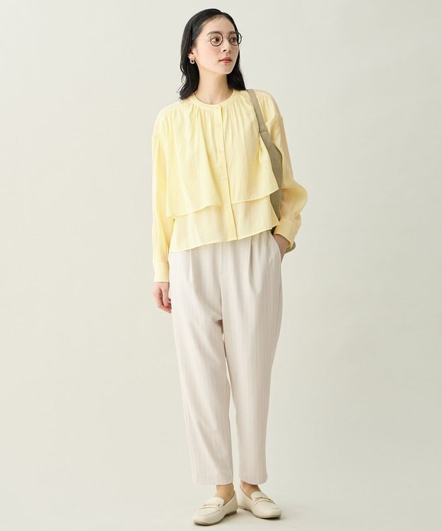 ANY L イージーケアライトストレッチテーパードパンツ エクリュストライプ