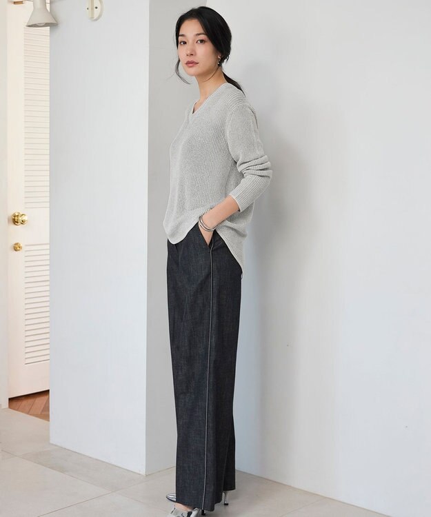 ICB 【洗える】 ペーパーブレンドシャインニット Vネックプルオーバー トープ系