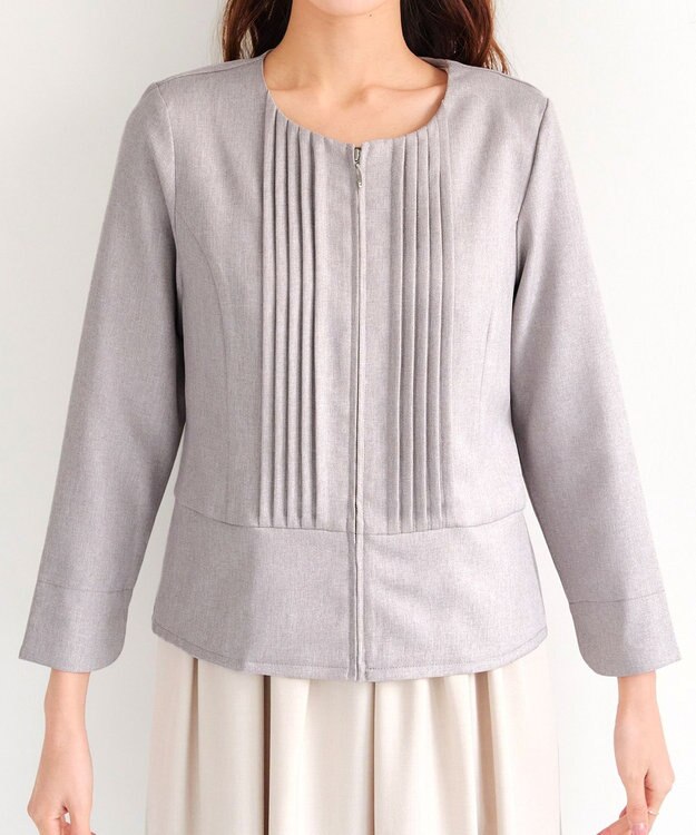 Tiaclasse 【小倉優子さん着用】【洗える】ピンタックノーカラージャケット グレージュ