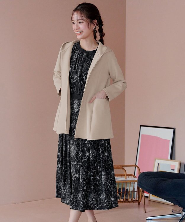 Tiaclasse L 【安田美沙子さん着用・新色/XSサイズ追加・洗える】フラワープリント配色ワンピース ブラック