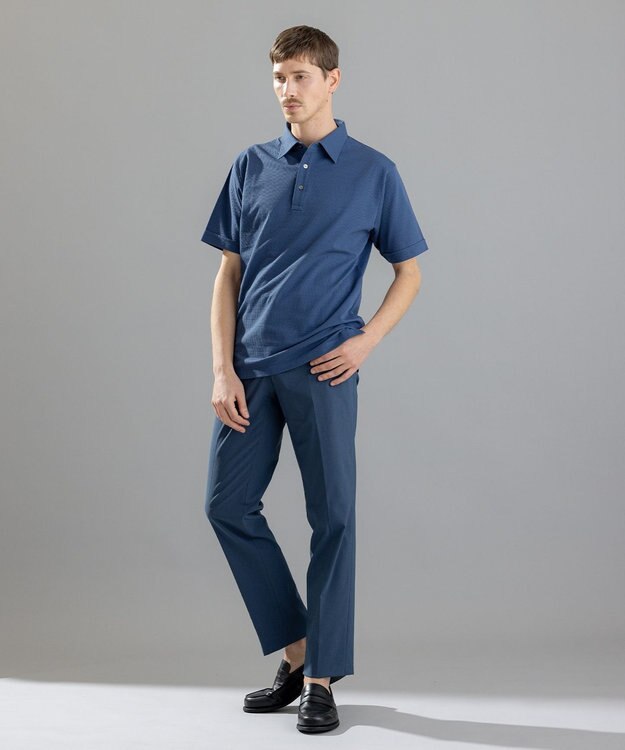 JOSEPH HOMME ブロークンヘリンボンジャージー　レギュラーカラー半袖シャツ ダルブルー系