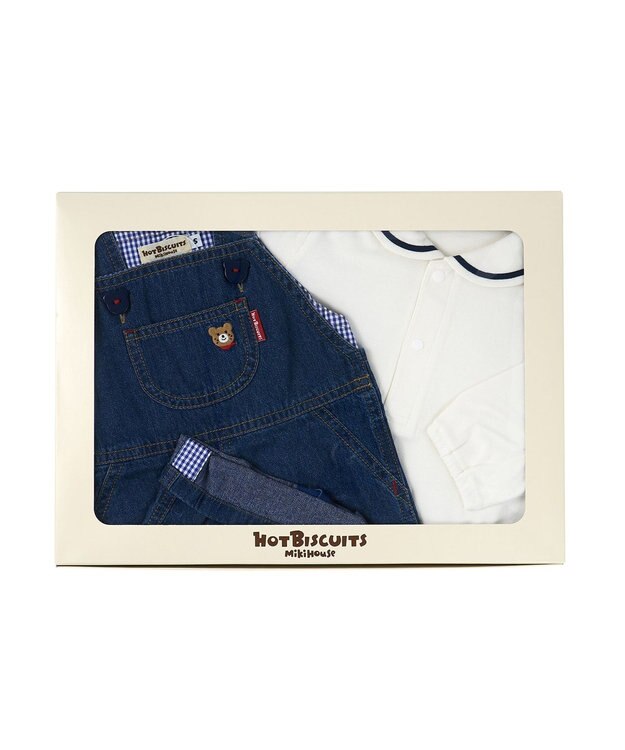 MIKI HOUSE HOT BISCUITS ワンポイントデニムオーバーオール＆セーラーカラー長袖Tシャツギフトセット【BOX付き】 インディゴブルー