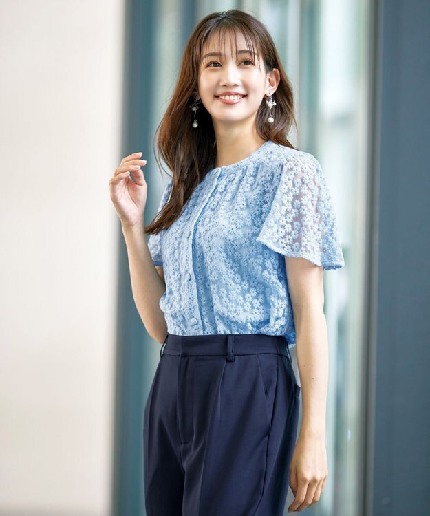 Tiaclasse 【洗える】チュールレースブラウス サックス