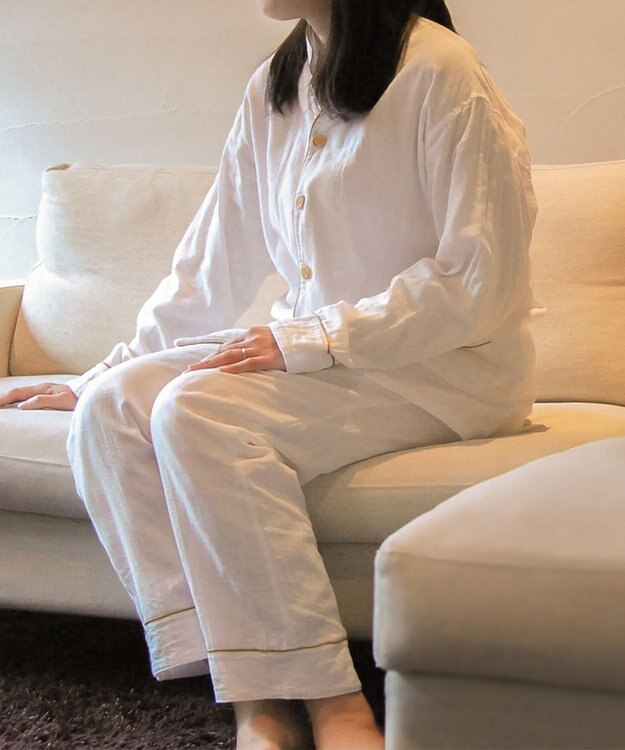 京和晒綿紗 【紗栄子さん愛用パジャマの色違い/UNISEX】ガーゼパジャマ 2重合わせ 白 マスタードバイアス