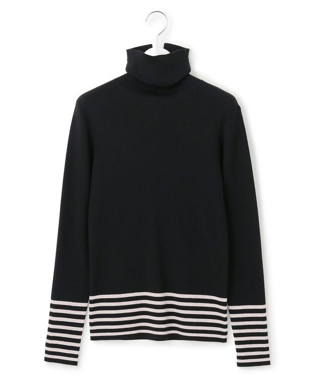 23区 L 【見上愛さん着用/VERY掲載/洗える】ウーステッドウール リブタートル ボーダー ニット ブラック×ベージュ