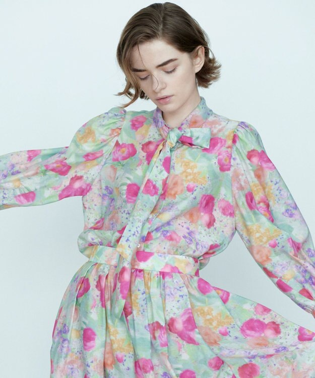 組曲 【前後着用可】ピオニーシフォンプリント ボウタイブラウス ピンク系5