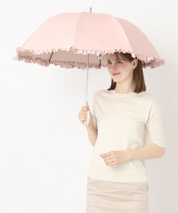 MOONBAT PAUL&JOE ACCESSOIRES (ポール&ジョー) 晴雨兼用日傘 長傘 ワンポイントクリザンテームフリル 一級遮光 遮熱 UV ピーチ