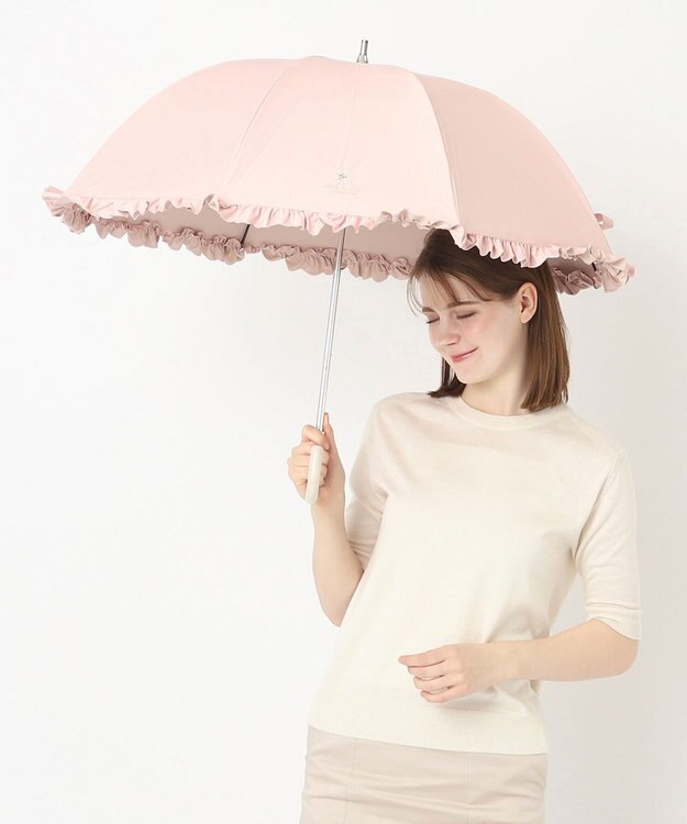 MOONBAT PAUL&JOE ACCESSOIRES (ポール&ジョー) 晴雨兼用日傘 長傘 ワンポイントクリザンテームフリル 一級遮光 遮熱 UV ピーチ