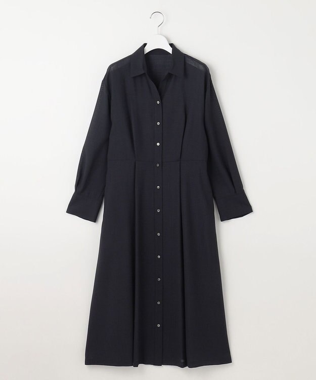 自由区 【洗える】トロピカルストレッチシャツ ドレス ネイビー