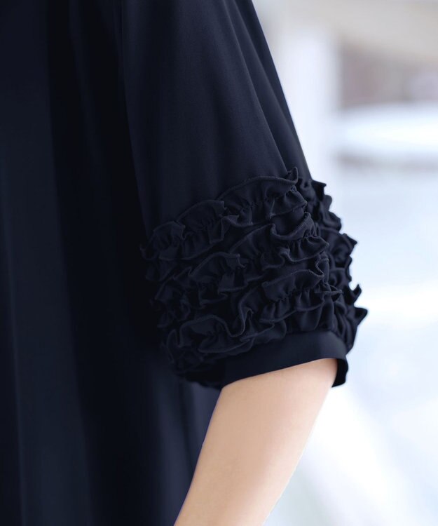 Tiaclasse L 【洗える】フリル付きパフスリーブチュニック ネイビー