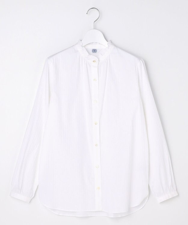 J.PRESS LADIES S BEZコットンナイロン ストライプ フリル襟 ブラウス ホワイトドビー系