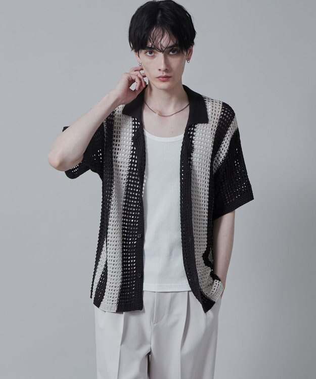 WEGO マルチストライプニットシャツ（S） ダークグレー