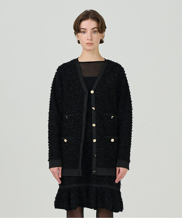 GRACE CONTINENTAL ツイードバイカラーニットカーディガン ブラック