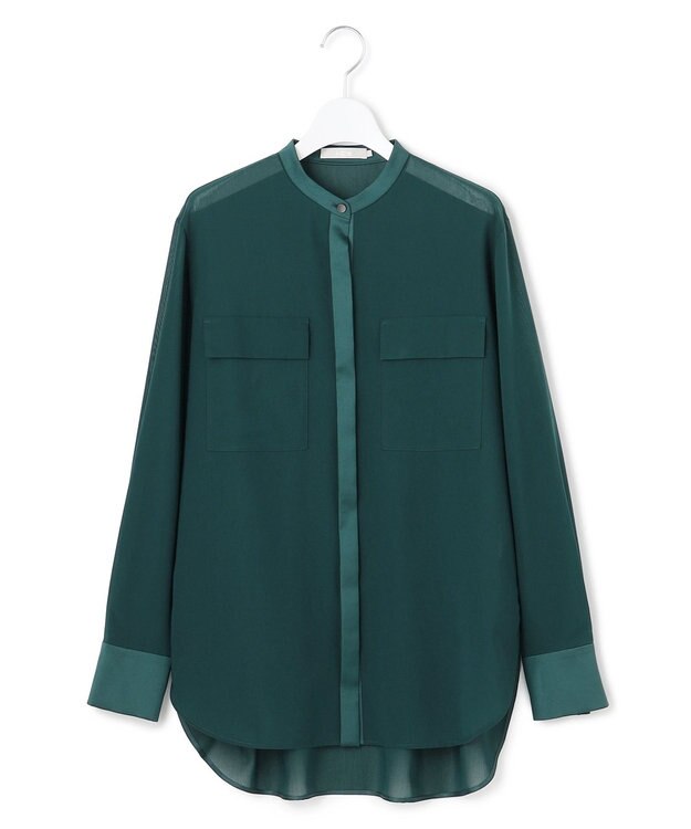 ICB 【洗える】シアーボイル バンドカラーシャツ ピーコック系