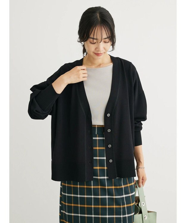 Green Parks 洗える　ステッチ入りＶネックカーディガン Black