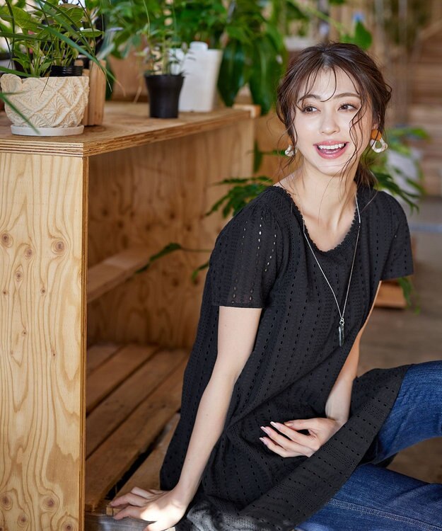 Tiaclasse L 【洗える】カットレースチュニックブラウス ブラック