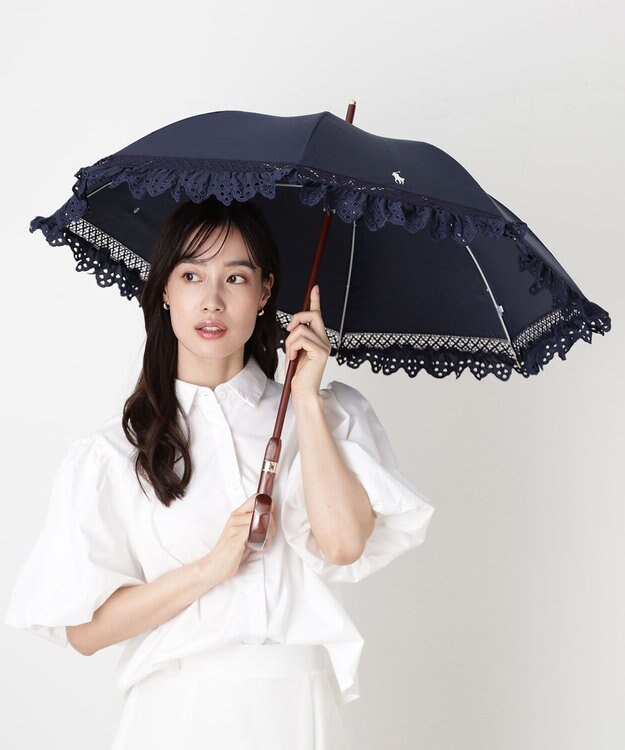 MOONBAT 【遮光/晴雨兼用日傘】POLO RALPH LAUREN(ポロ ラルフローレン) エンブフリル 長傘 遮熱 UV ネイビーブルー